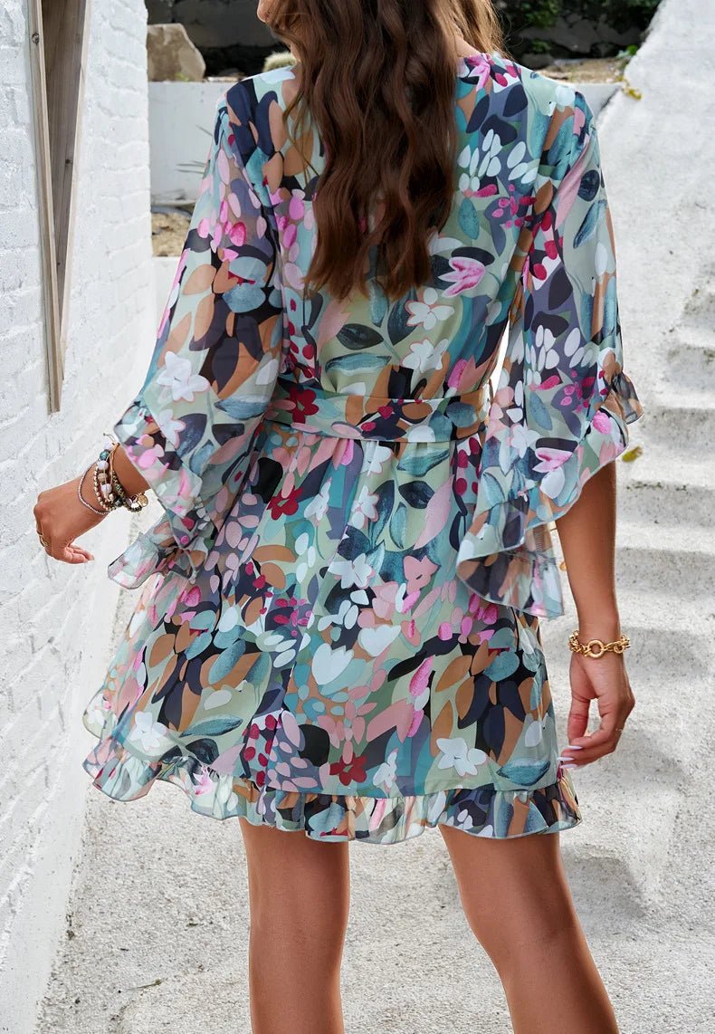 Spring Summer New Women Dress Fashion Elegant Printed Strappy Lace - Up V - neck Fairy Skirt Female Girls Gathering Party Date Dress - PratSN
