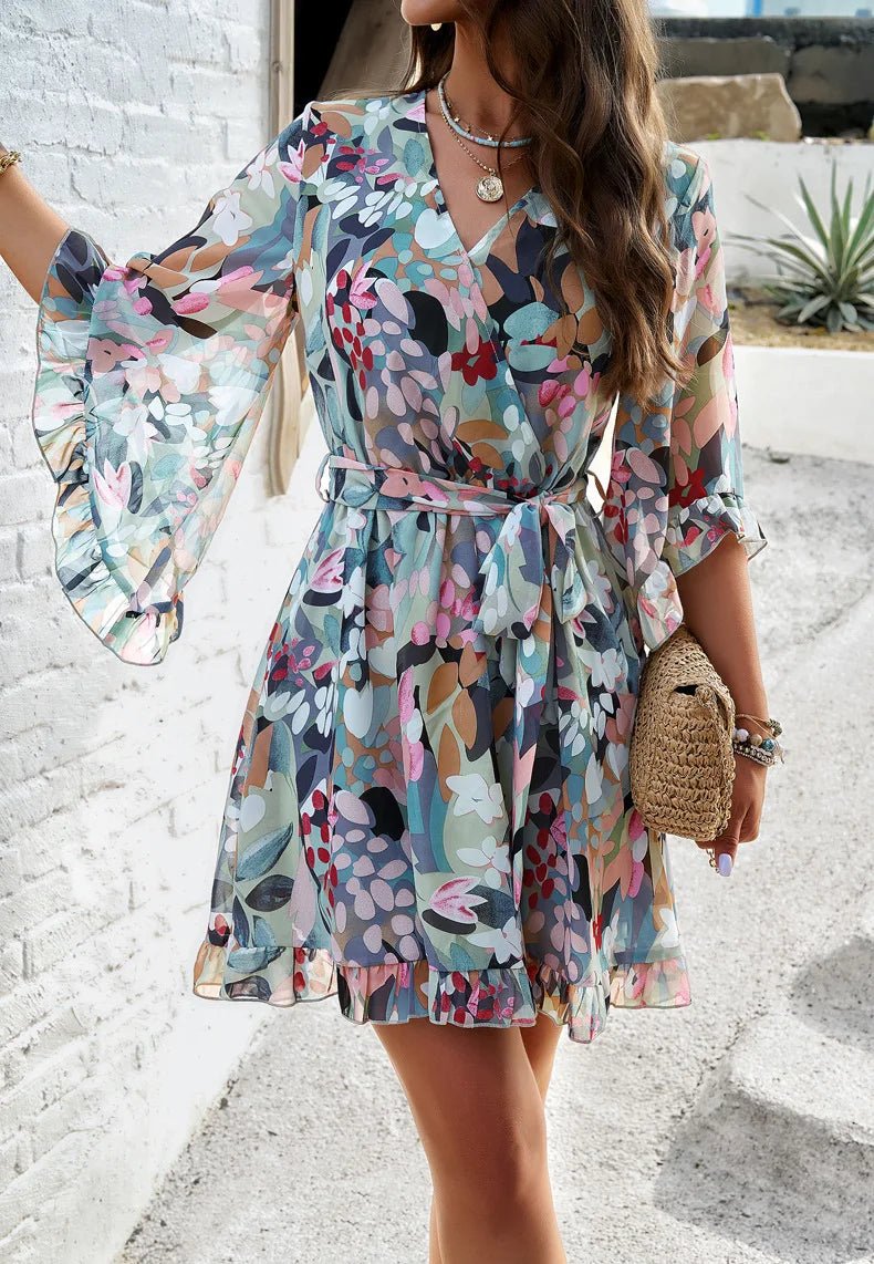 Spring Summer New Women Dress Fashion Elegant Printed Strappy Lace - Up V - neck Fairy Skirt Female Girls Gathering Party Date Dress - PratSN