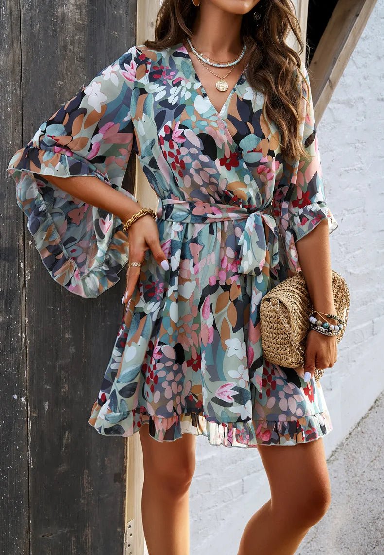 Spring Summer New Women Dress Fashion Elegant Printed Strappy Lace - Up V - neck Fairy Skirt Female Girls Gathering Party Date Dress - PratSN