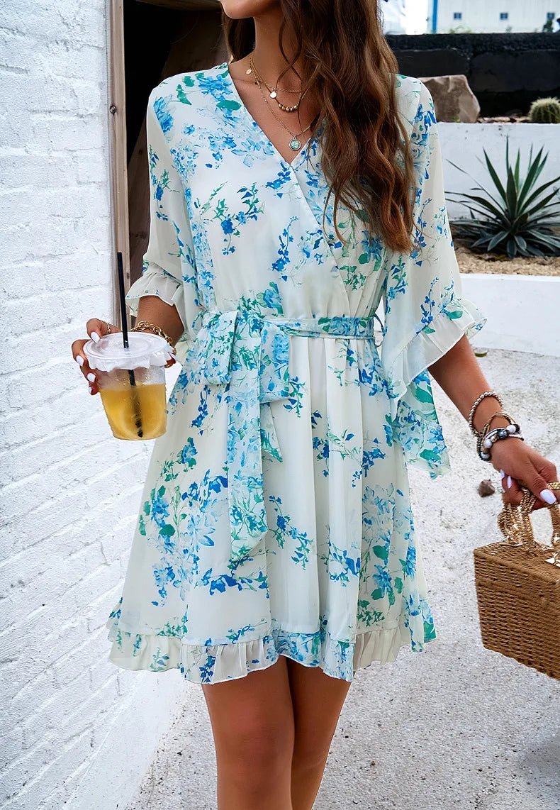 Spring Summer New Women Dress Fashion Elegant Printed Strappy Lace - Up V - neck Fairy Skirt Female Girls Gathering Party Date Dress - PratSN