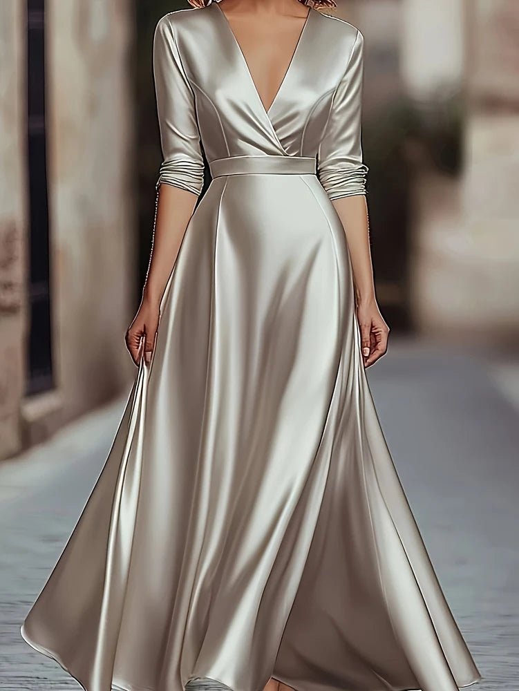 Spring/Autumn Collection: French - inspired Elegance Luxury - feel V - neck Long - sleeved Fitted Waist Dress Evening Gown for Banquets - PratSN