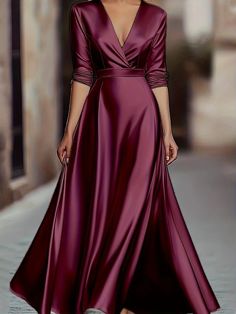 Spring/Autumn Collection: French - inspired Elegance Luxury - feel V - neck Long - sleeved Fitted Waist Dress Evening Gown for Banquets - PratSN