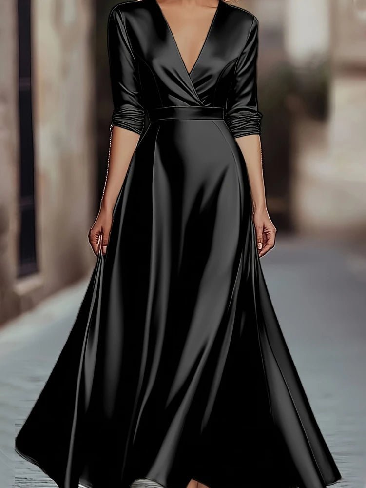 Spring/Autumn Collection: French - inspired Elegance Luxury - feel V - neck Long - sleeved Fitted Waist Dress Evening Gown for Banquets - PratSN