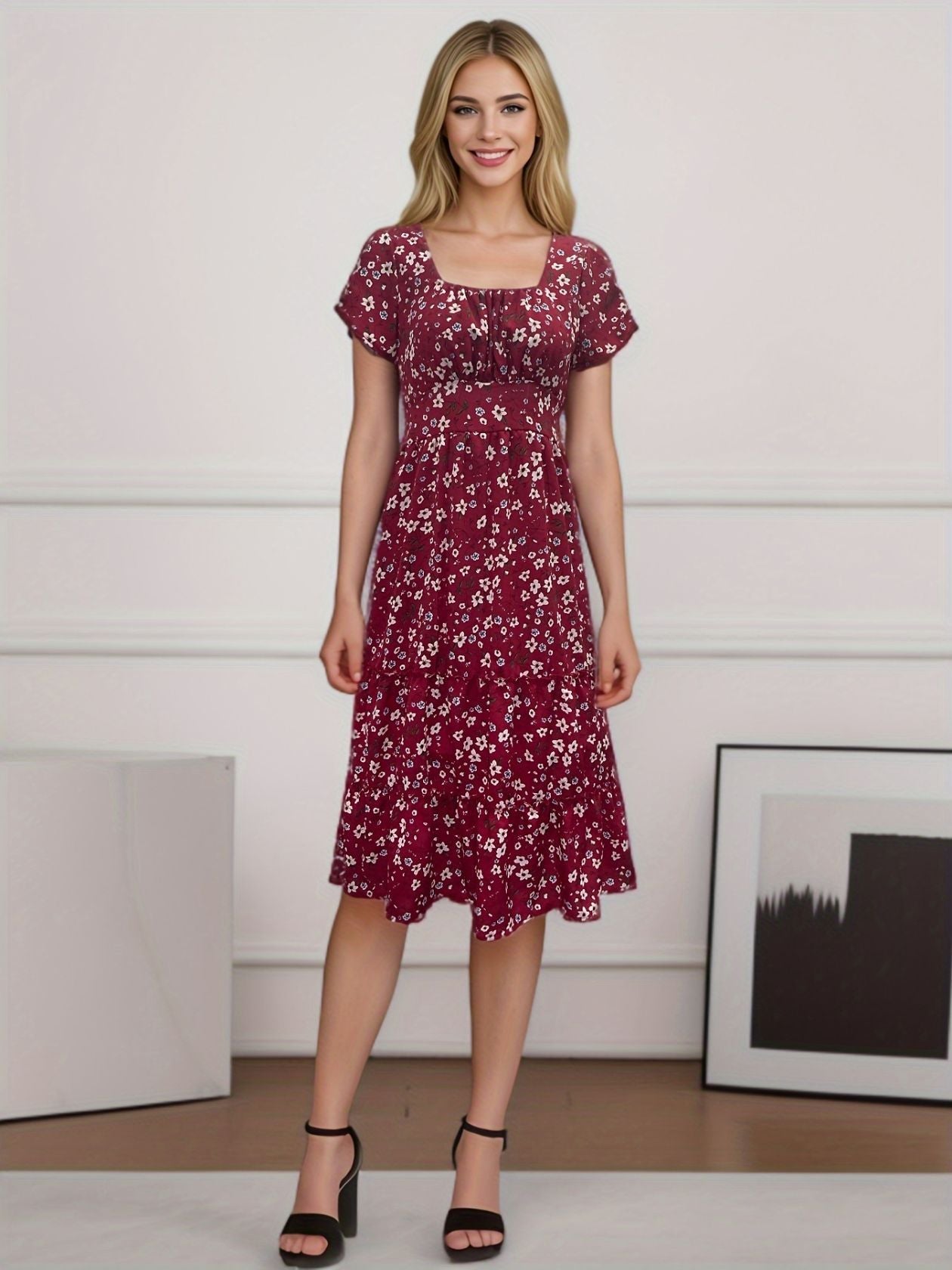 Square Collar Short Sleeve Dress Summer Puff Floral Printed Dress Long Dresses - PratSN