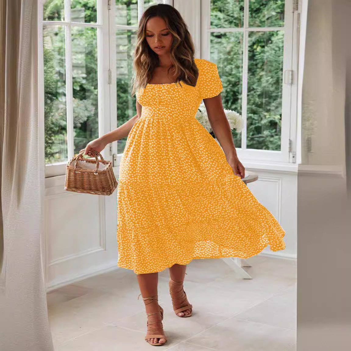 Square Collar Short Sleeve Dress Summer Puff Floral Printed Dress Long Dresses - PratSN