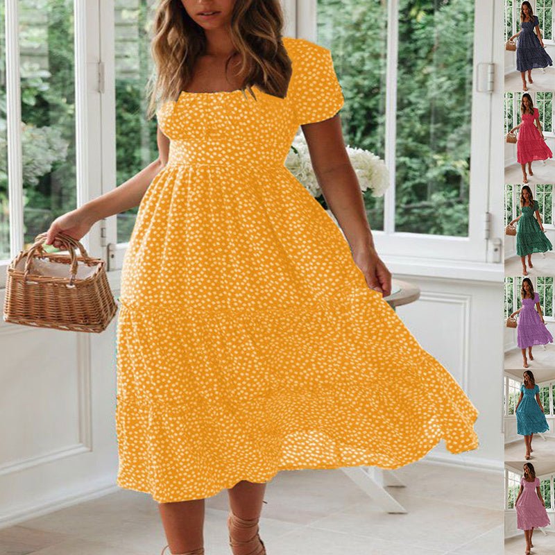 Square Collar Short Sleeve Dress Summer Puff Floral Printed Dress Long Dresses - PratSN