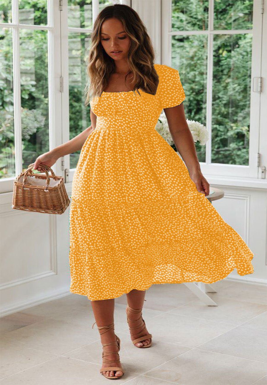 Square Collar Short Sleeve Dress Summer Puff Floral Printed Dress Long Dresses - PratSN
