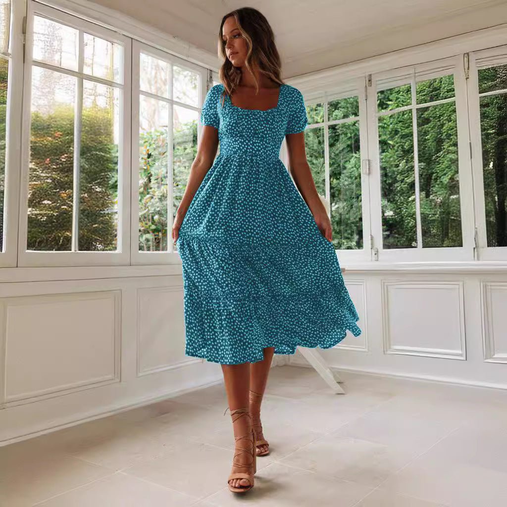 Square Collar Short Sleeve Dress Summer Puff Floral Printed Dress Long Dresses - PratSN