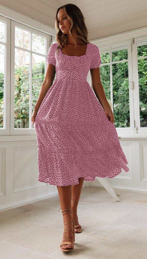 Square Collar Short Sleeve Dress Summer Puff Floral Printed Dress Long Dresses - PratSN