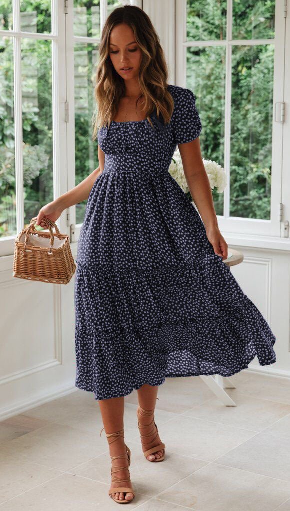Square Collar Short Sleeve Dress Summer Puff Floral Printed Dress Long Dresses - PratSN