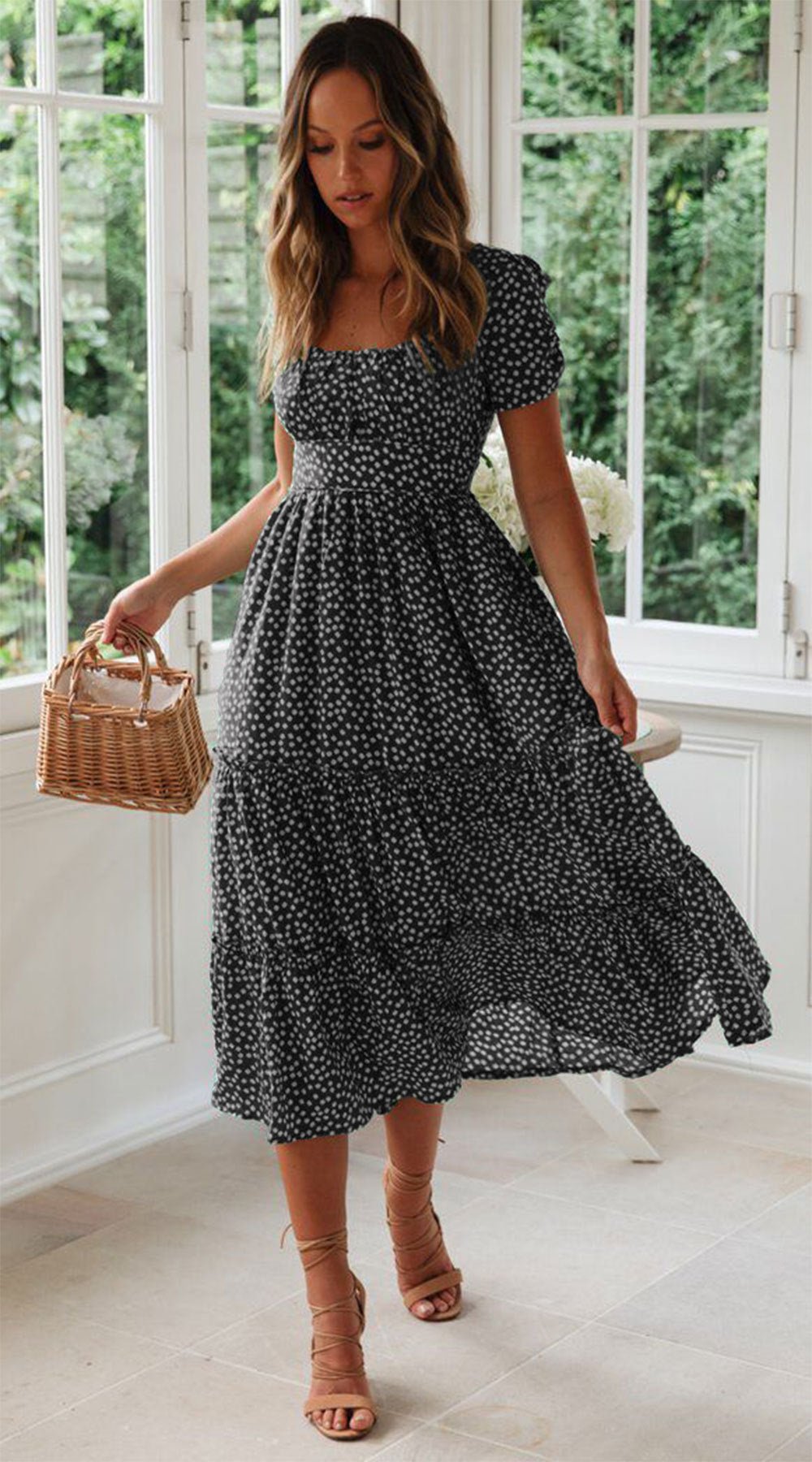 Square Collar Short Sleeve Dress Summer Puff Floral Printed Dress Long Dresses - PratSN