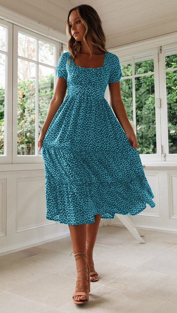 Square Collar Short Sleeve Dress Summer Puff Floral Printed Dress Long Dresses - PratSN