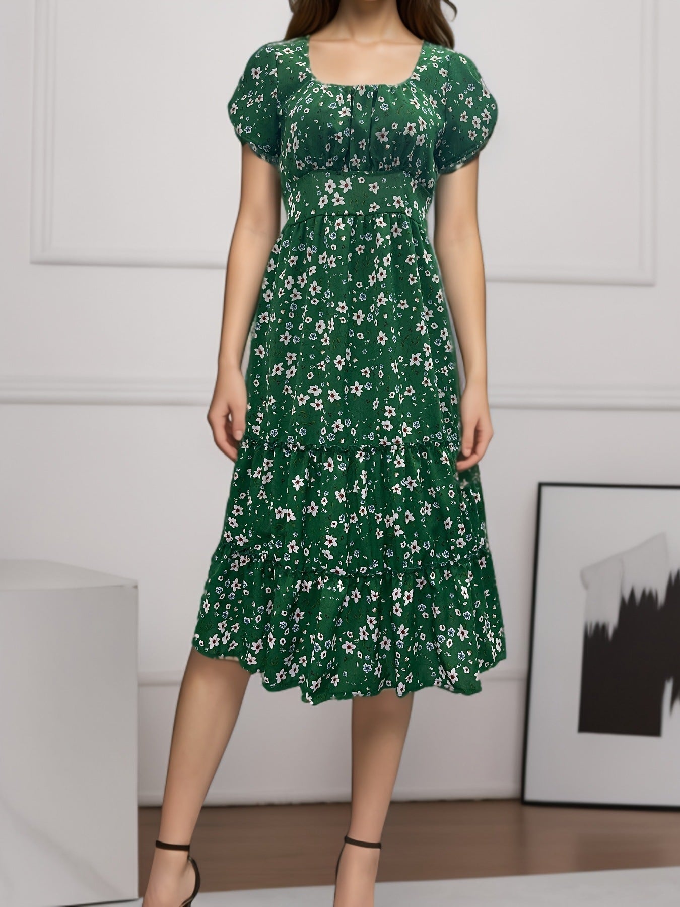 Square Collar Short Sleeve Dress Summer Puff Floral Printed Dress Long Dresses - PratSN