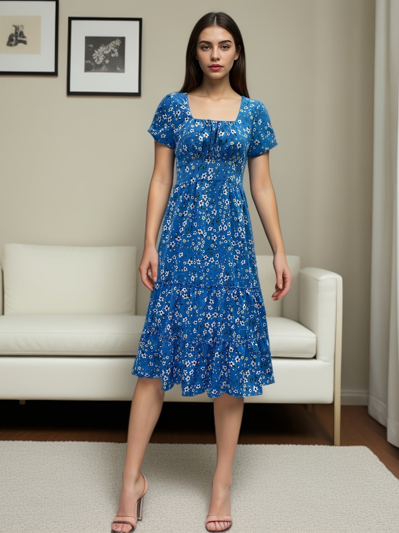 Square Collar Short Sleeve Dress Summer Puff Floral Printed Dress Long Dresses - PratSN