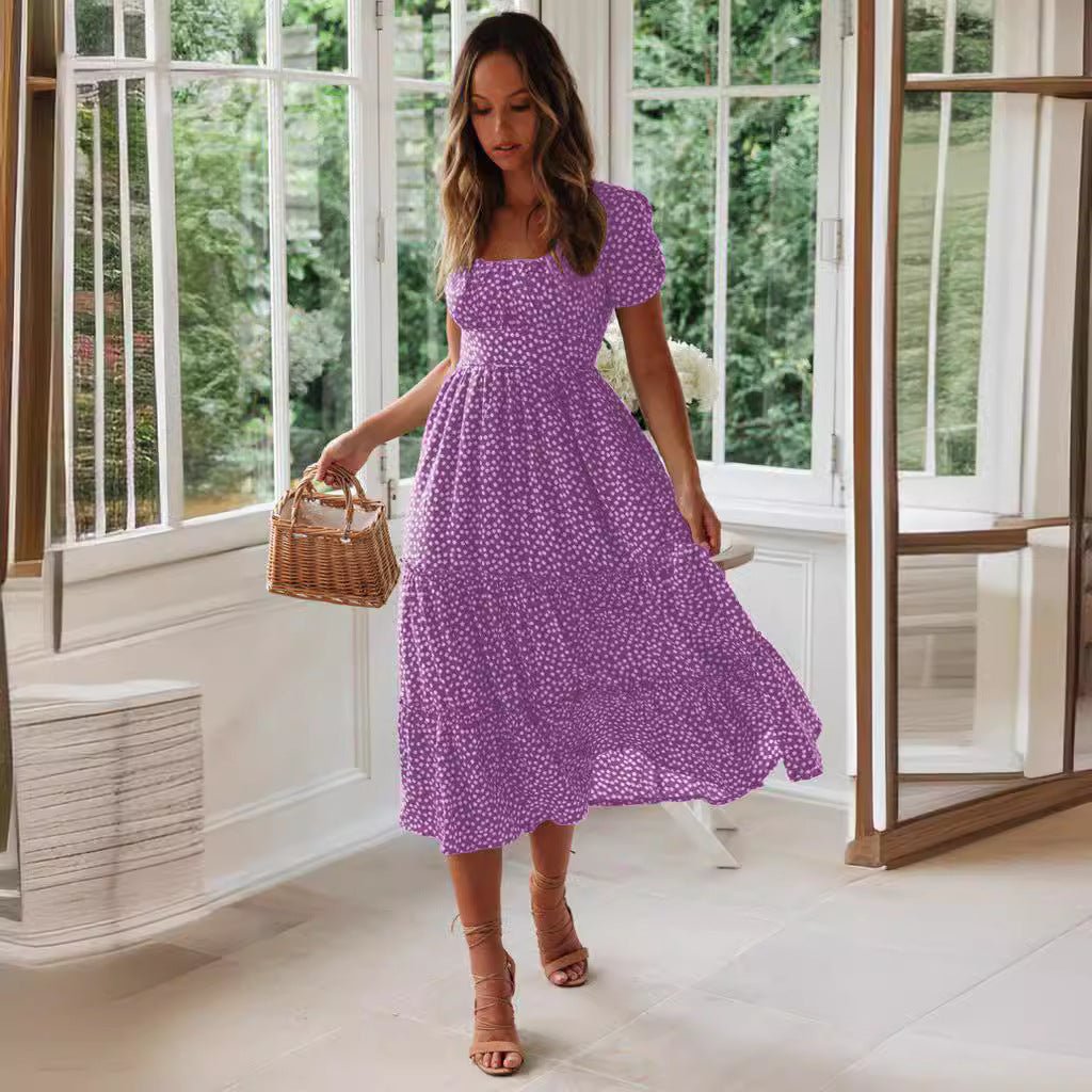 Square Collar Short Sleeve Dress Summer Puff Floral Printed Dress Long Dresses - PratSN