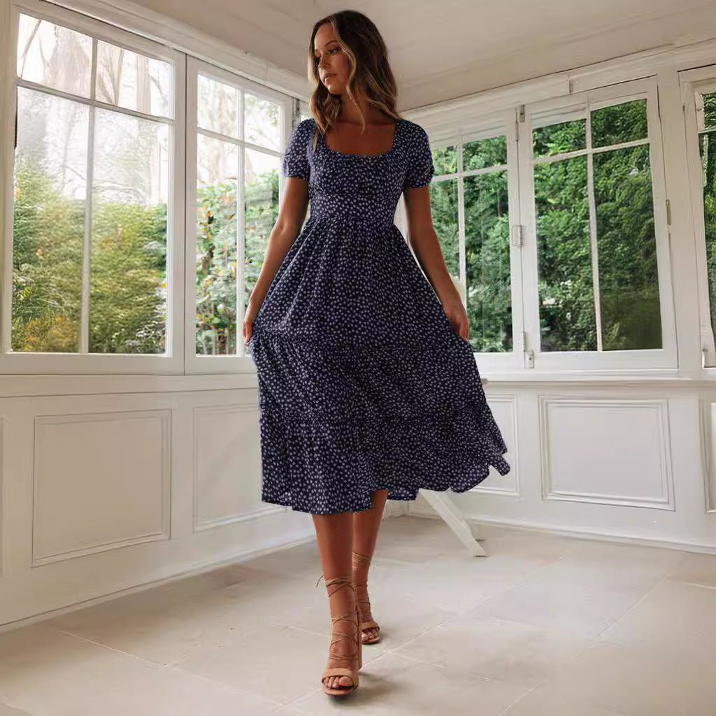 Square Collar Short Sleeve Dress Summer Puff Floral Printed Dress Long Dresses - PratSN