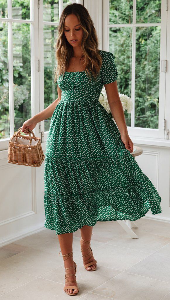 Square Collar Short Sleeve Dress Summer Puff Floral Printed Dress Long Dresses - PratSN