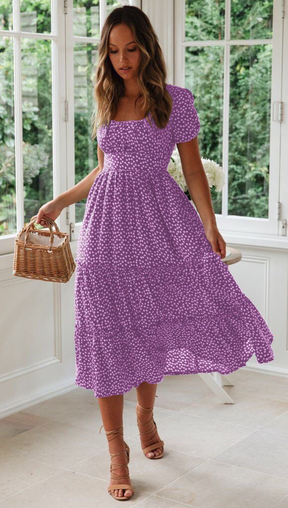 Square Collar Short Sleeve Dress Summer Puff Floral Printed Dress Long Dresses - PratSN