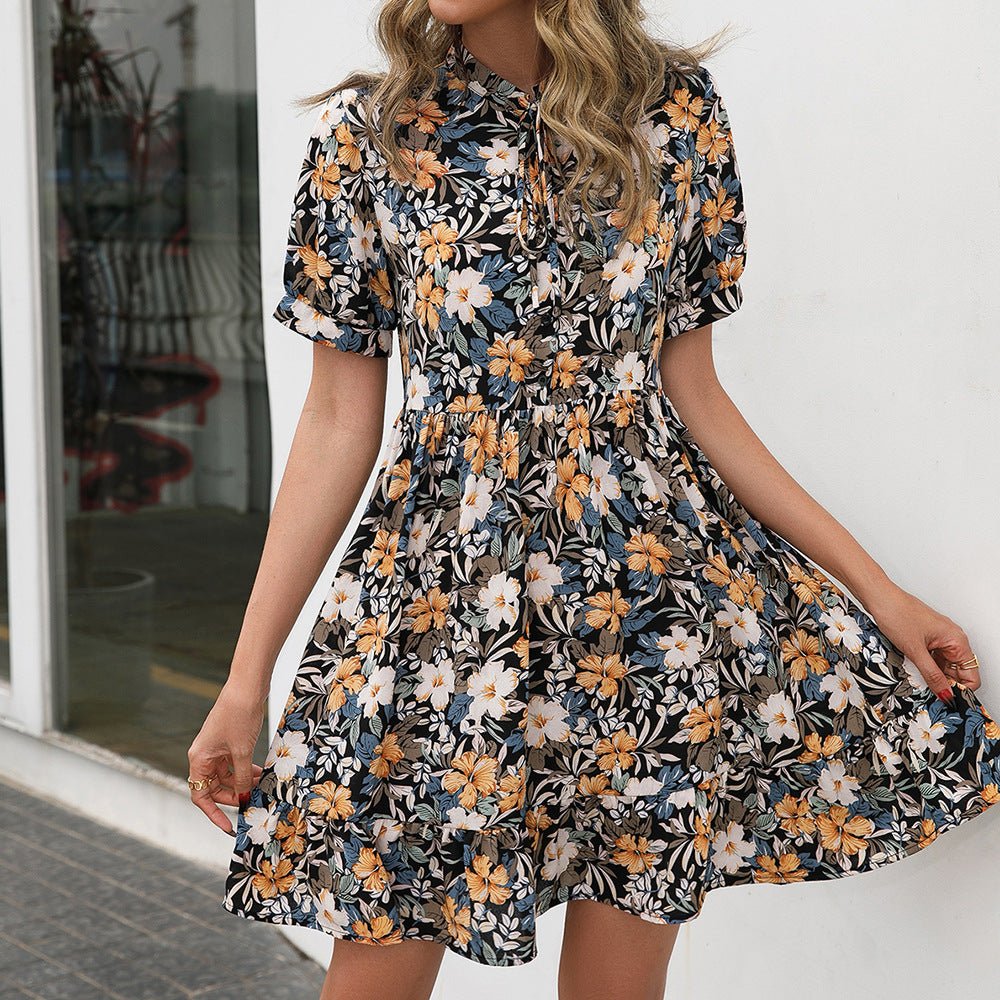 Stand Collar Ruffle Small Floral Short Sleeve Dress - PratSN