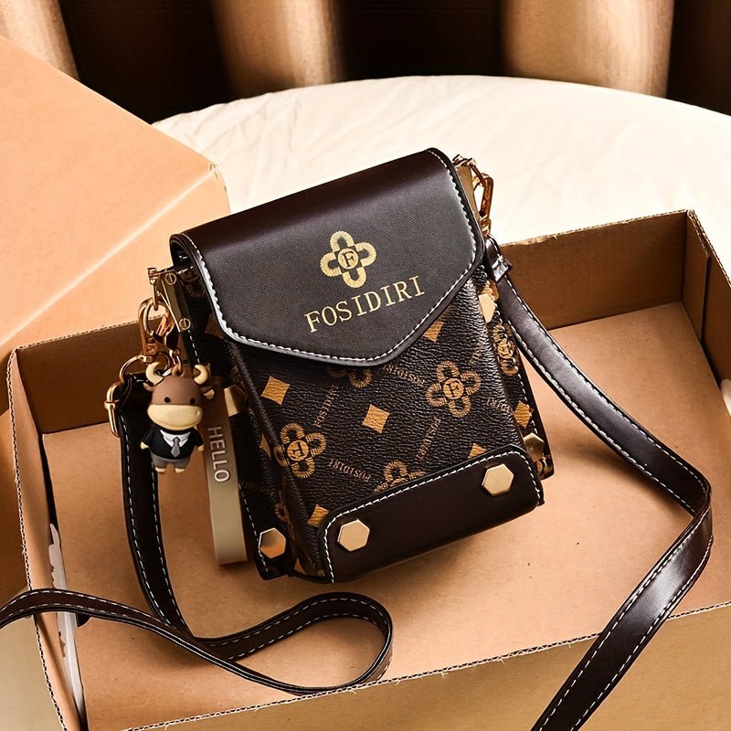 [Stylish Crossbody Bag] FOSIDIRI Women's Fashionable Faux Leather Crossbody Bag | Geometric Pattern, Magnetic Closure, Adjustable Strap, Stylish Black & Beige Design with Floral Accents - PratSN