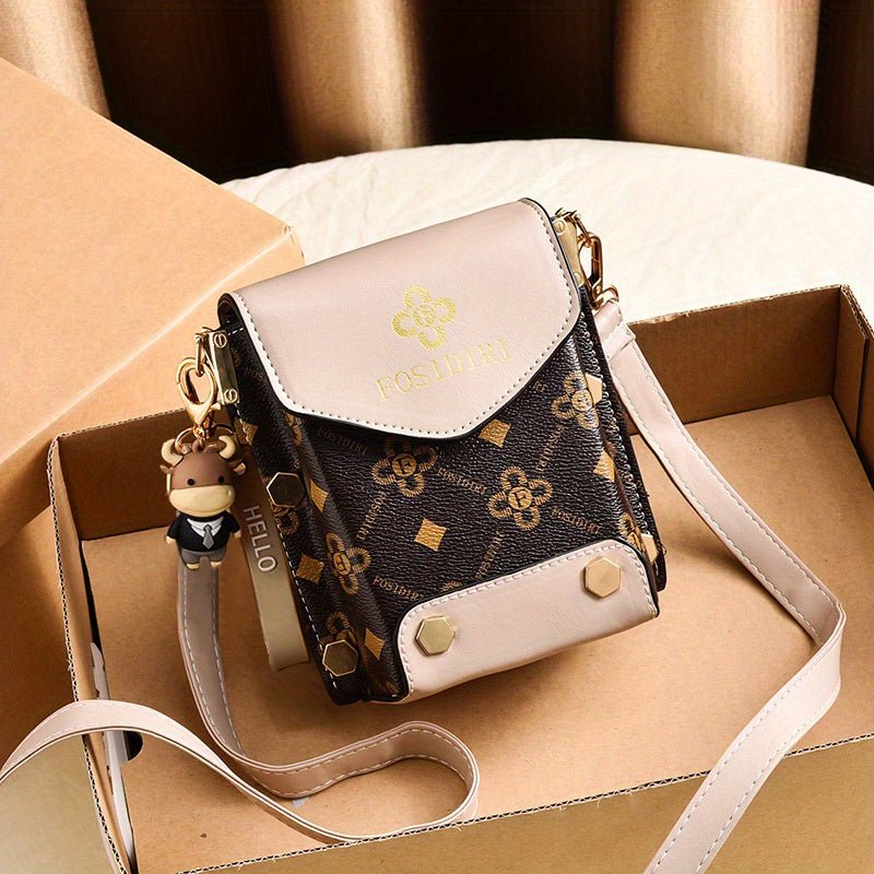 [Stylish Crossbody Bag] FOSIDIRI Women's Fashionable Faux Leather Crossbody Bag | Geometric Pattern, Magnetic Closure, Adjustable Strap, Stylish Black & Beige Design with Floral Accents - PratSN