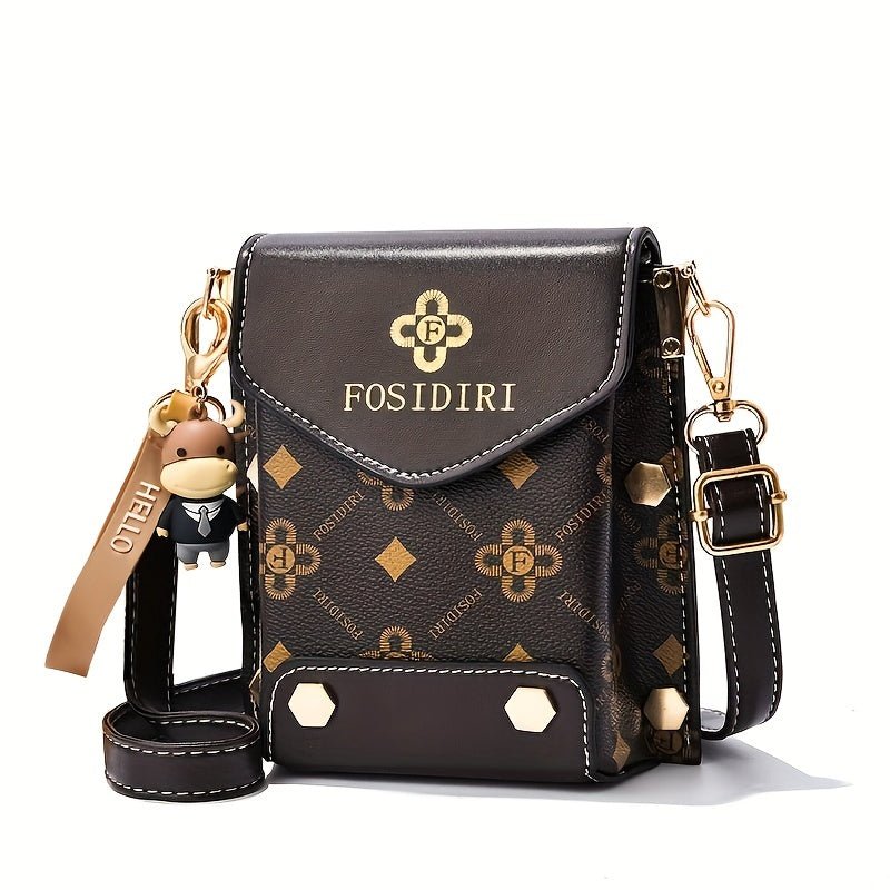 [Stylish Crossbody Bag] FOSIDIRI Women's Fashionable Faux Leather Crossbody Bag | Geometric Pattern, Magnetic Closure, Adjustable Strap, Stylish Black & Beige Design with Floral Accents - PratSN