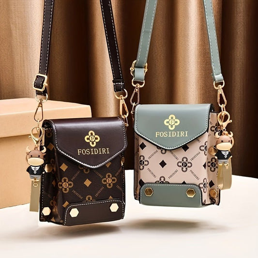 [Stylish Crossbody Bag] FOSIDIRI Women's Fashionable Faux Leather Crossbody Bag | Geometric Pattern, Magnetic Closure, Adjustable Strap, Stylish Black & Beige Design with Floral Accents - PratSN