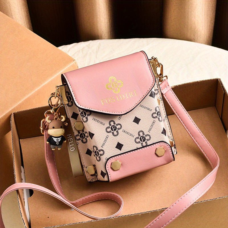[Stylish Crossbody Bag] FOSIDIRI Women's Fashionable Faux Leather Crossbody Bag | Geometric Pattern, Magnetic Closure, Adjustable Strap, Stylish Black & Beige Design with Floral Accents - PratSN