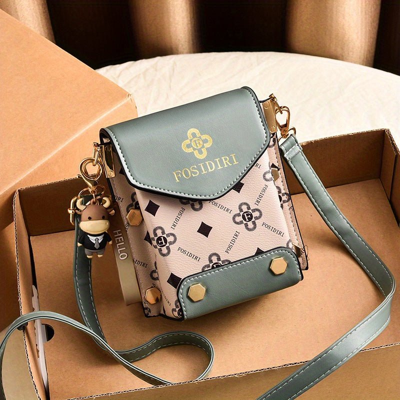 [Stylish Crossbody Bag] FOSIDIRI Women's Fashionable Faux Leather Crossbody Bag | Geometric Pattern, Magnetic Closure, Adjustable Strap, Stylish Black & Beige Design with Floral Accents - PratSN