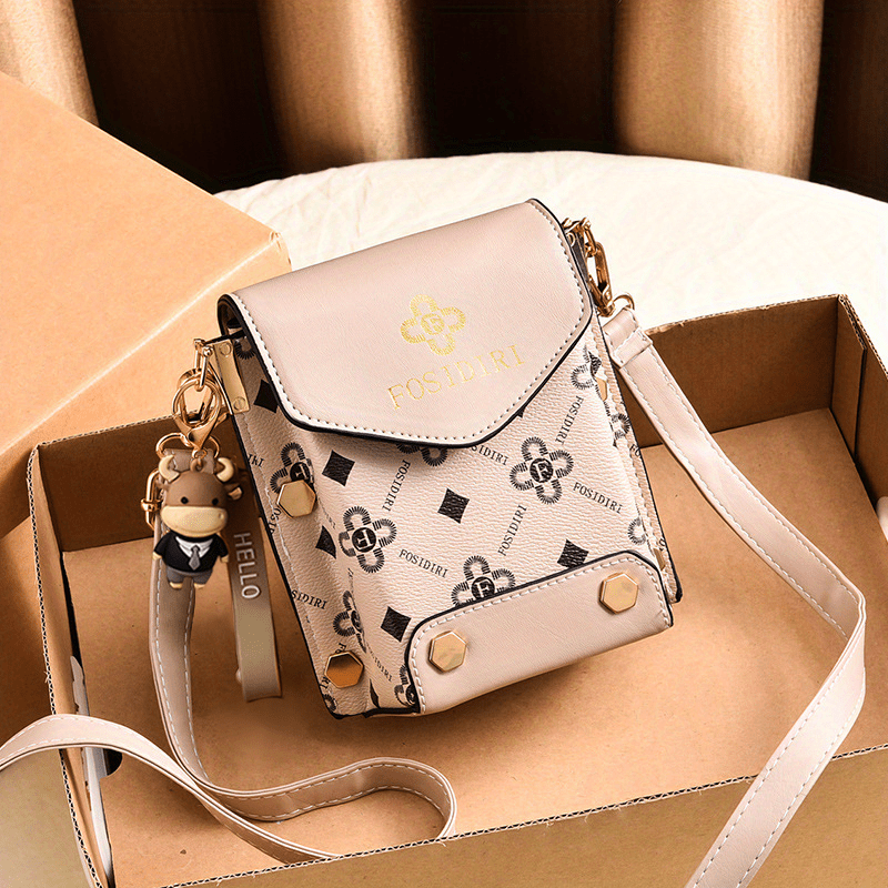 [Stylish Crossbody Bag] FOSIDIRI Women's Fashionable Faux Leather Crossbody Bag | Geometric Pattern, Magnetic Closure, Adjustable Strap, Stylish Black & Beige Design with Floral Accents - PratSN