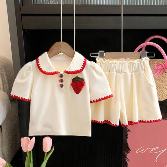 Summer Baby Girl Clothes Set Kid Lapel Tshirts and Shorts 2 Pieces Suit Children Strawberry Top Bottom Outfits Tracksuits - PratSN