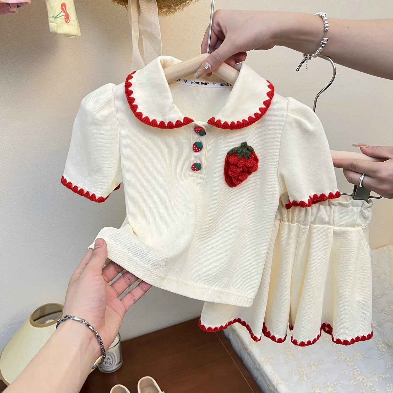 Summer Baby Girl Clothes Set Kid Lapel Tshirts and Shorts 2 Pieces Suit Children Strawberry Top Bottom Outfits Tracksuits - PratSN