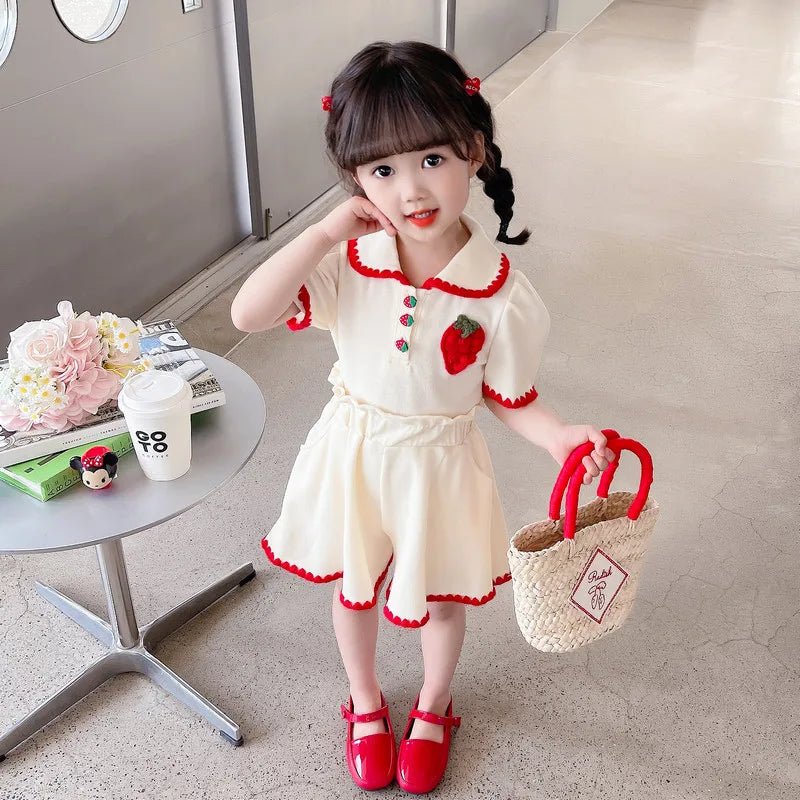 Summer Baby Girl Clothes Set Kid Lapel Tshirts and Shorts 2 Pieces Suit Children Strawberry Top Bottom Outfits Tracksuits - PratSN
