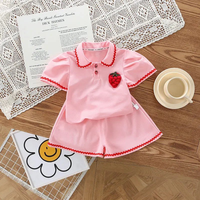 Summer Baby Girl Clothes Set Kid Lapel Tshirts and Shorts 2 Pieces Suit Children Strawberry Top Bottom Outfits Tracksuits - PratSN