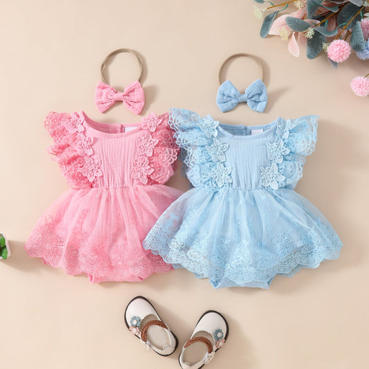 Summer Baby Girl Sweet Sleeveless Lace Triangle Rompers Mesh Lace Flower Dress - PratSN