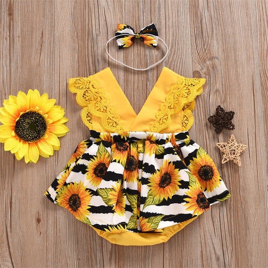 Summer Baby Girl Triangle Romper, Lace Wrapper For Newborn Baby, Sunflower Baby One - piece Romper - PratSN