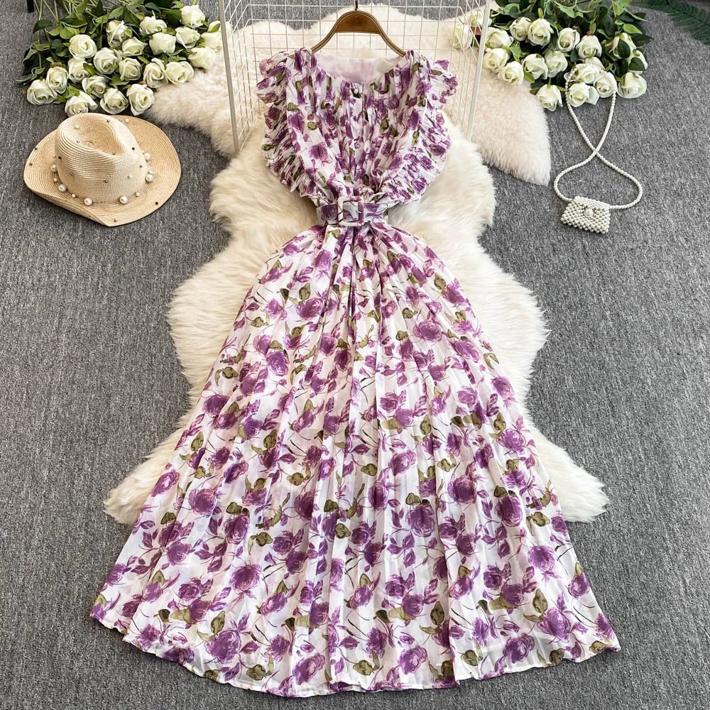 Summer Beach O - Neck Tunic Slim Casual Midi Dress For Women Flying Sleeve Empire Floral Lace Dress - PratSN