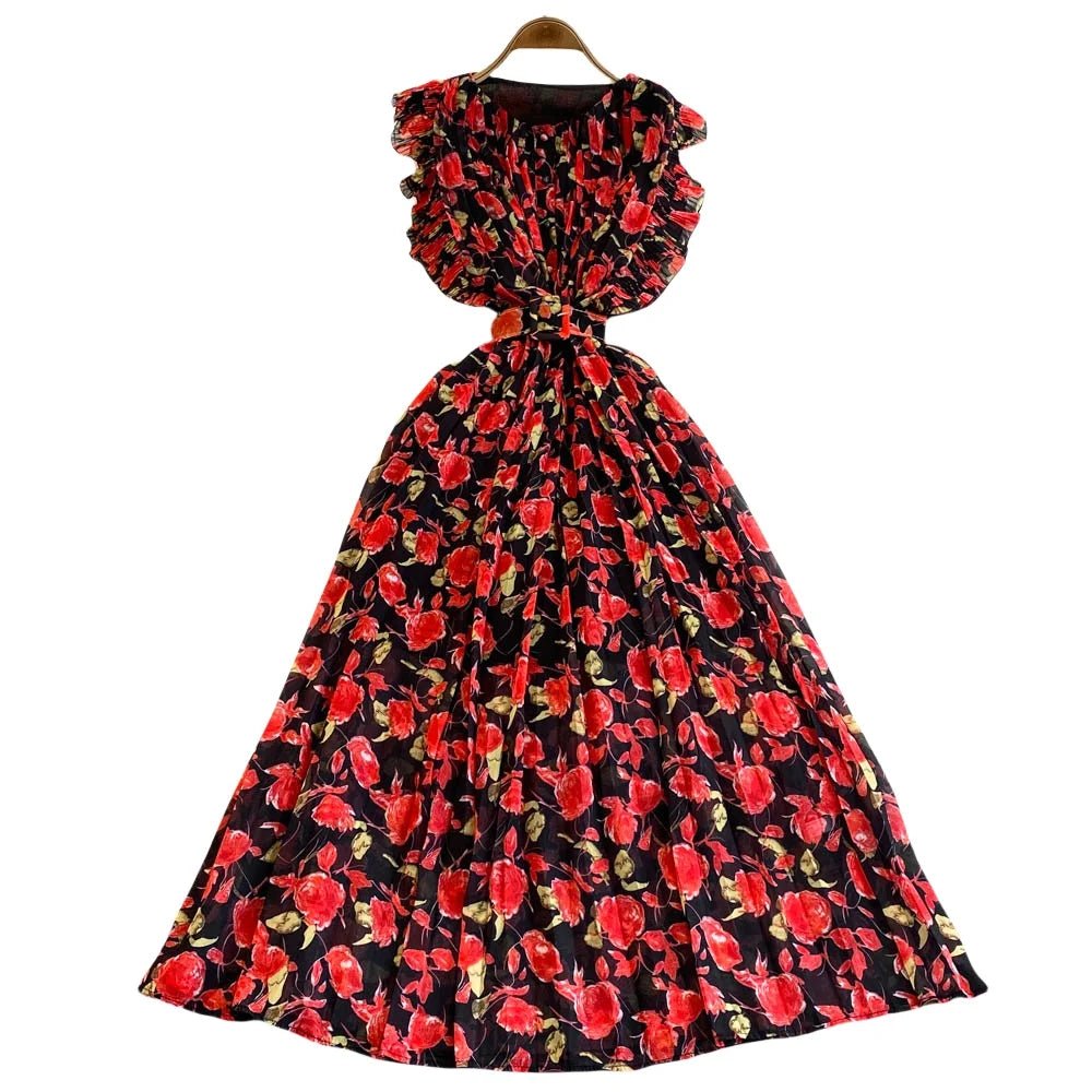 Summer Beach O - Neck Tunic Slim Casual Midi Dress For Women Flying Sleeve Empire Floral Lace Dress - PratSN