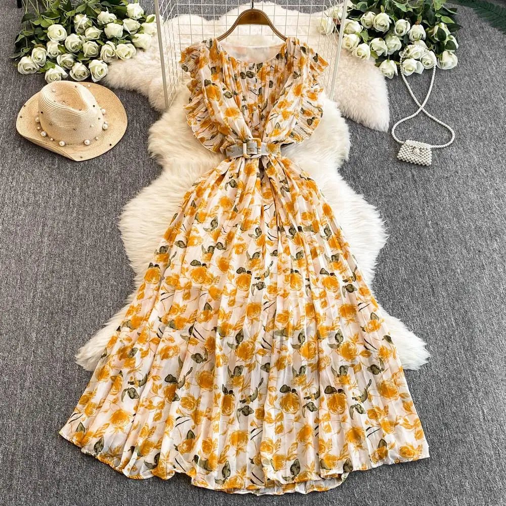 Summer Beach O - Neck Tunic Slim Casual Midi Dress For Women Flying Sleeve Empire Floral Lace Dress - PratSN