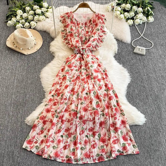 Summer Beach O - Neck Tunic Slim Casual Midi Dress For Women Flying Sleeve Empire Floral Lace Dress - PratSN