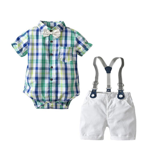 Summer Boys Gentleman Dress Short Sleeve Bodysuit Bib Shorts Set - PratSN
