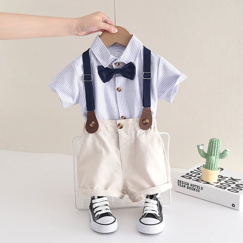 Summer Children Kids Boy's Clothes Blue Strips Shirt Bib Shorts 2Pcs/Set Gentleman Baby Toddler Tracksuits 0 - 5 Years - PratSN
