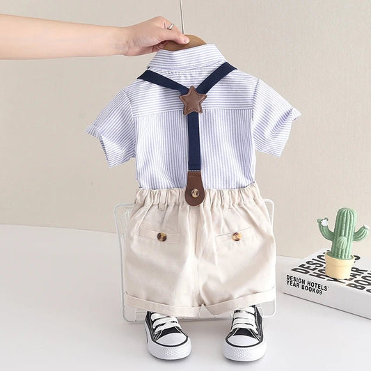 Summer Children Kids Boy's Clothes Blue Strips Shirt Bib Shorts 2Pcs/Set Gentleman Baby Toddler Tracksuits 0 - 5 Years - PratSN