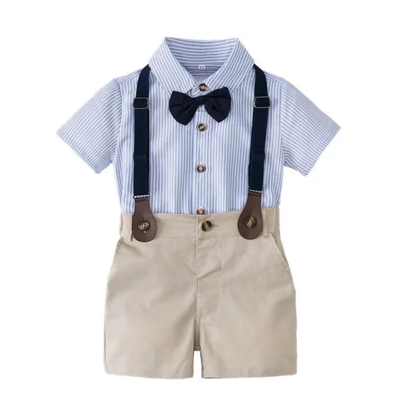 Summer Children Kids Boy's Clothes Blue Strips Shirt Bib Shorts 2Pcs/Set Gentleman Baby Toddler Tracksuits 0 - 5 Years - PratSN