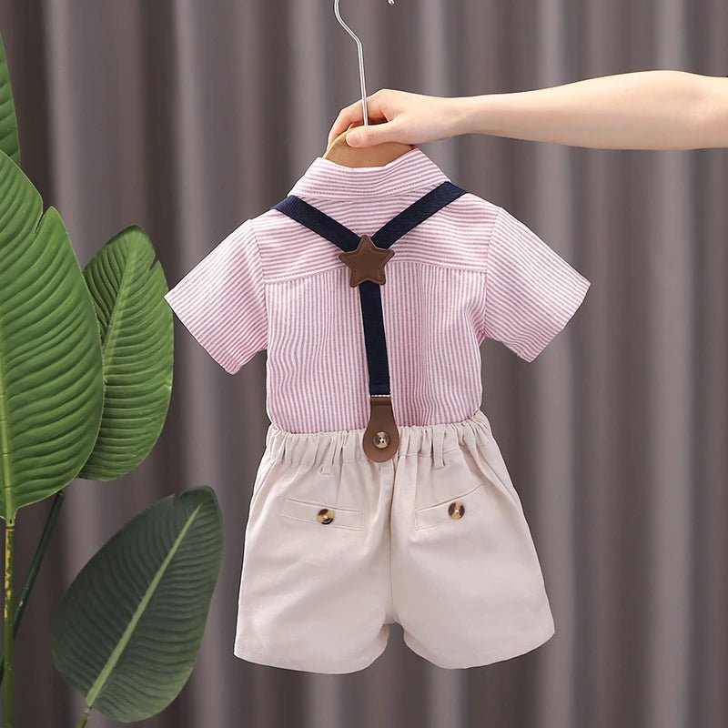 Summer Children Kids Boy's Clothes Blue Strips Shirt Bib Shorts 2Pcs/Set Gentleman Baby Toddler Tracksuits 0 - 5 Years - PratSN