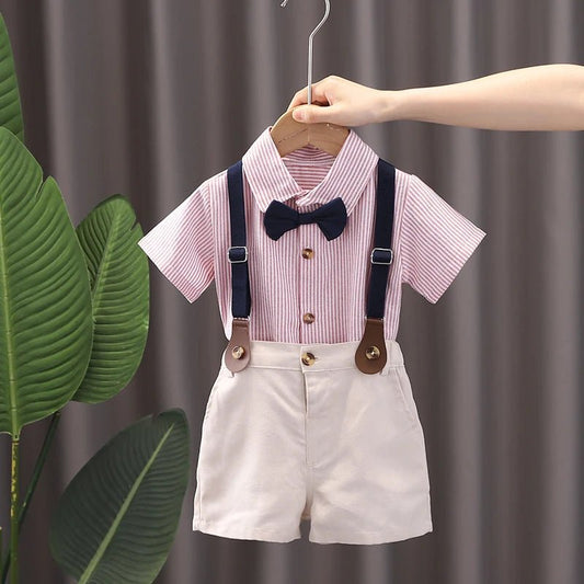 Summer Children Kids Boy's Clothes Blue Strips Shirt Bib Shorts 2Pcs/Set Gentleman Baby Toddler Tracksuits 0 - 5 Years - PratSN