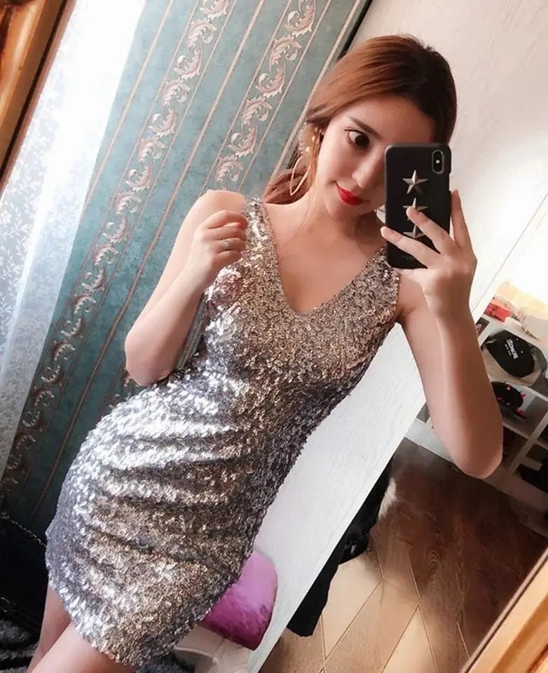 Summer Dinner Sequined Sleeveless Sexy Dress Women V - neck Backless Pleated Wrap Buttocks Dresses Sexy Fashion Party Skirts - PratSN