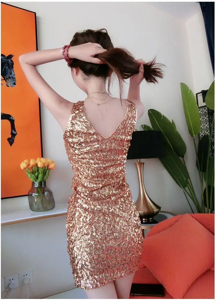 Summer Dinner Sequined Sleeveless Sexy Dress Women V - neck Backless Pleated Wrap Buttocks Dresses Sexy Fashion Party Skirts - PratSN