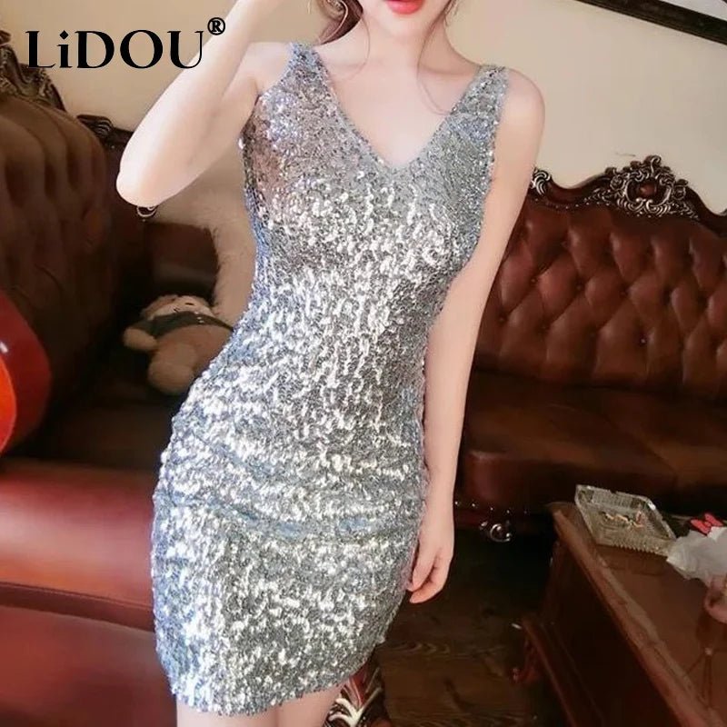 Summer Dinner Sequined Sleeveless Sexy Dress Women V - neck Backless Pleated Wrap Buttocks Dresses Sexy Fashion Party Skirts - PratSN