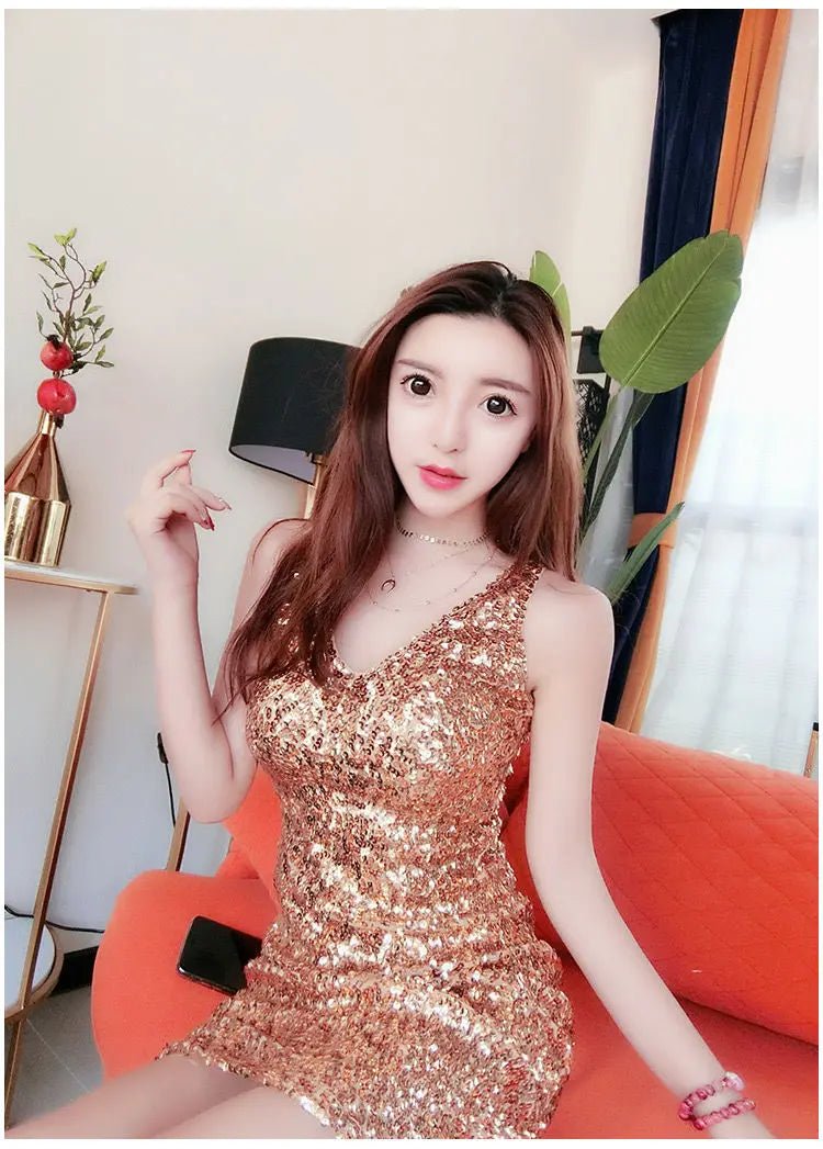Summer Dinner Sequined Sleeveless Sexy Dress Women V - neck Backless Pleated Wrap Buttocks Dresses Sexy Fashion Party Skirts - PratSN